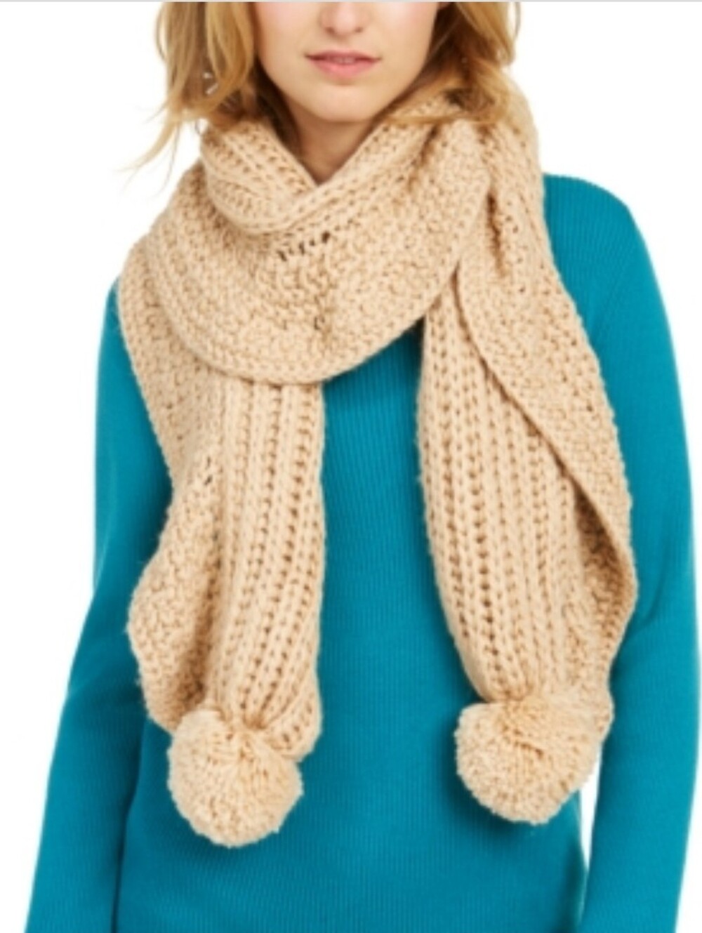 Charter Club Cozy Beige Knit Pom-Pom Scarf - Women Accessories. NWT Gift Neutral